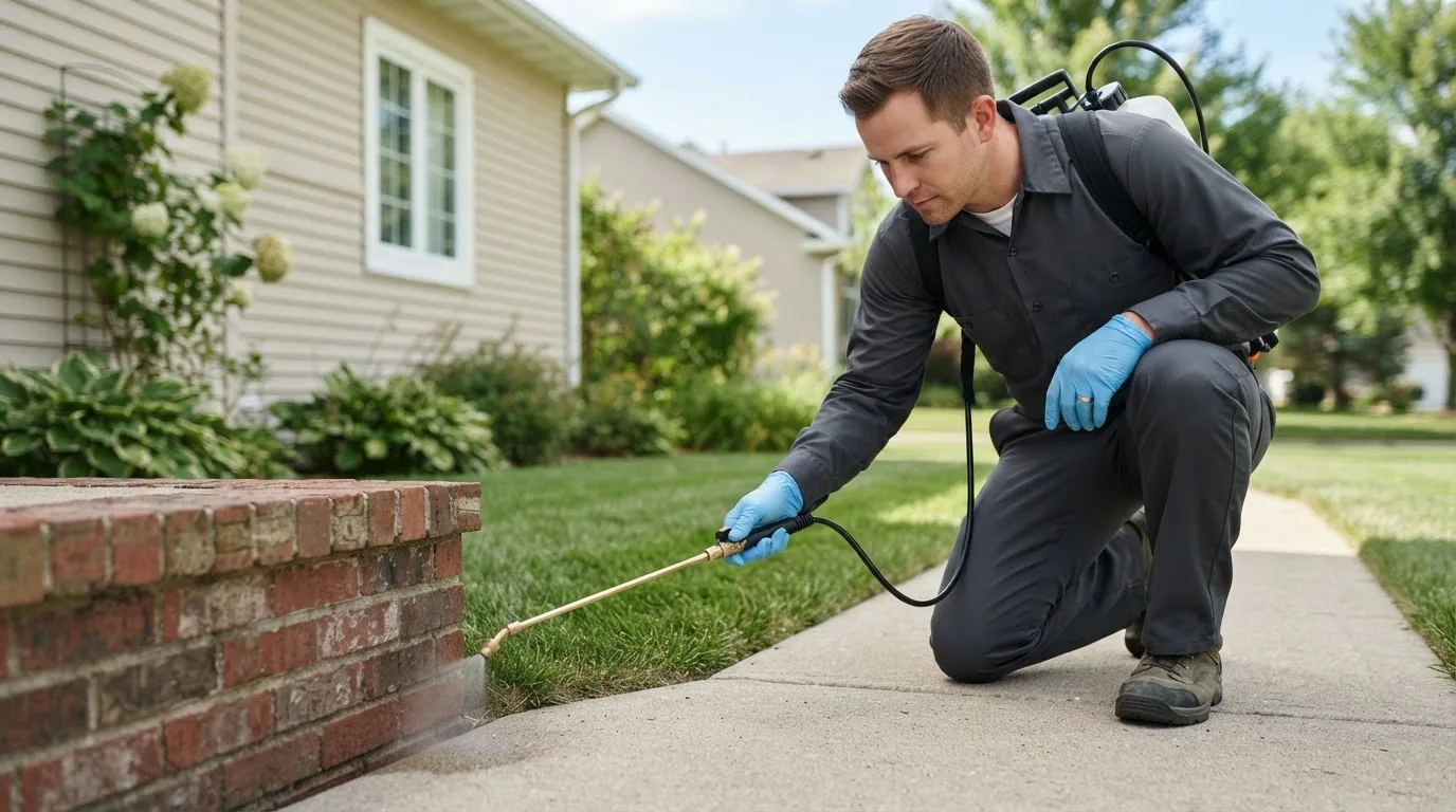Pest control technician treating a home near Pinehurst, TX